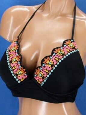 Shade & Shore Black Embroidered Padded Push Up Bikini Top, 34 DD